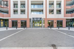 Toronto (Humber Heights) condo for rent - The image shows a modern building with a glass entrance and a brick walkway in front.