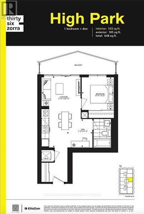Toronto (Islington-City Centre West) condo for rent - A floor plan for a 1 bedroom, 164 square foot apartment.
