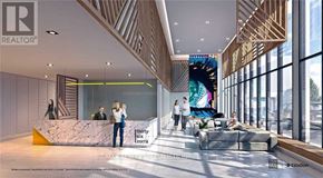Toronto (Islington-City Centre West) condo for rent - A rendering of a realtor's office with a reception desk and people standing in the lobby.
