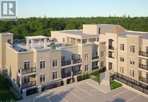 Hamilton (Ancaster) condo for rent - A rendering of a multi-story residential building with a parking lot in front.
