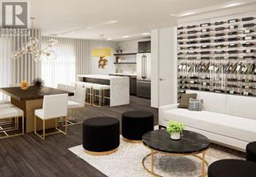 Hamilton (Ancaster) condo for rent - A modern living room with a dining area and a wine rack.