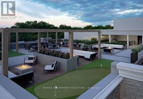 Hamilton (Ancaster) condo for rent - A rendering of a modern outdoor patio area with seating and a fire pit.