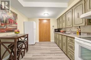 Toronto (Morningside) apartment for rent - A kitchen with wooden cabinets and a white fridge.