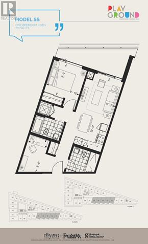 Toronto (Niagara) condo for rent - A floor plan for a real estate model is displayed with various labeled rooms and measurements.