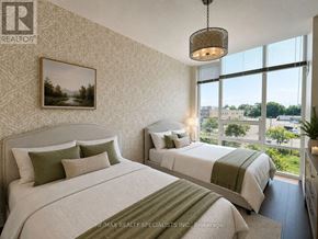 Mississauga (Fairview) condo for rent - A bedroom with two beds and a large window overlooking a cityscape.