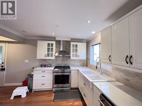 Coquitlam apartment for rent - A modern kitchen with white cabinets and a brick backsplash.