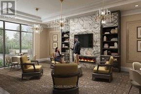 Vaughan (Beverley Glen) condo for rent - A living room with a fireplace and a chandelier.
