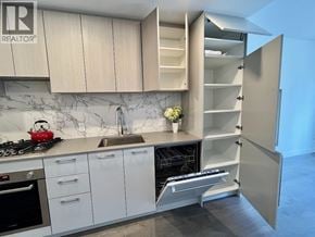 Burnaby apartment for rent - A kitchen with a marble backsplash and a Realty logo.