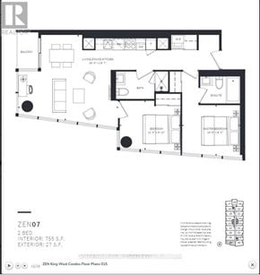 Toronto (Niagara) condo for rent - A floor plan for a 2 bedroom, 755 square feet interior, and 27 square feet exterior unit.