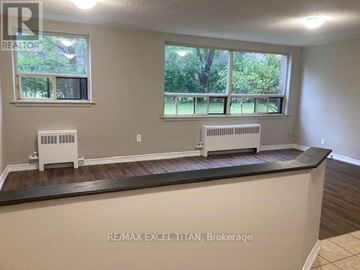 Hamilton (Corktown) condo for rent - A real estate listing photo of a room with a window overlooking a tree.
