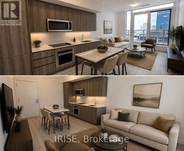 Toronto (Waterfront Communities) condo for rent - A modern kitchen and living room with wooden cabinets and a large window.