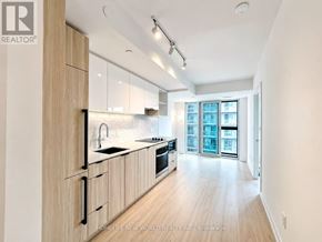 Toronto (Church-Yonge Corridor) condo for rent - A modern kitchen with wooden cabinets and a large window.