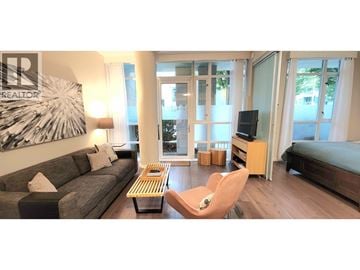 Vancouver townhouse for rent - A living room with a grey couch, a wooden coffee table, a television, and a large painting on the wall.