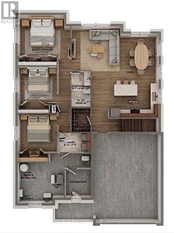 Russell apartment for rent - A floor plan of a house with a living room, dining room, kitchen, and bathrooms.