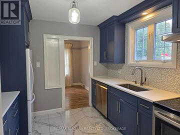 Niagara Falls (Dorchester) apartment for rent - A kitchen with dark blue cabinets and a white refrigerator.