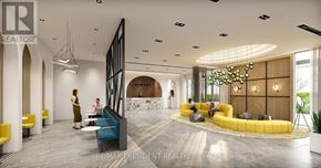 Brampton (Fletcher's Creek South) condo for rent - A modern lobby with people sitting and standing around.