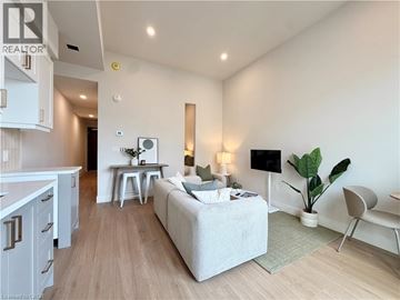 Hamilton apartment for rent - A well-lit, modern living room with a grey sofa and a wooden floor.