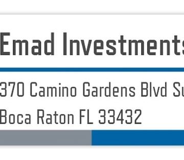 West Palm Beach apartment for rent - A sign with the name Emad Investments and an address in Boca Raton, Florida.