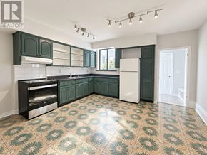 Toronto (Dovercourt-Wallace Emerson-Junction) apartment for rent - A kitchen with green cabinets and a patterned floor.