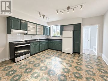 Toronto (Dovercourt-Wallace Emerson-Junction) apartment for rent - A kitchen with green cabinets and a patterned floor.