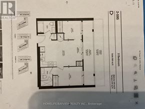 Toronto (Moss Park) condo for rent - A floor plan for a home with a living room, dining room, kitchen, and two bathrooms.