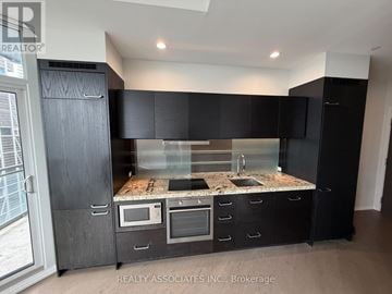 Toronto (Church-Yonge Corridor) condo for rent - A modern kitchen with black cabinets and a granite countertop.