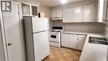 Milton apartment for rent - A white refrigerator stands in a kitchen with white cabinets and a stainless steel sink.