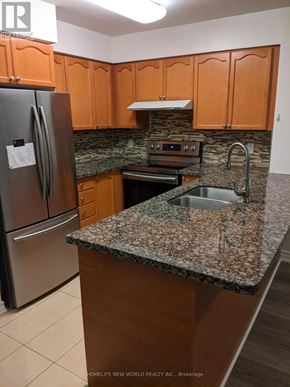 Toronto (Willowdale East) condo for rent - A kitchen with a granite counter top and wooden cabinets.