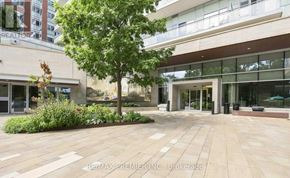 Toronto (High Park North) condo for rent - A courtyard with a tree and bushes in front of a building with a glass facade.