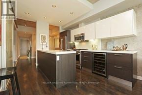 Toronto (Niagara) condo for rent - A modern kitchen with dark wood floors and white cabinets.