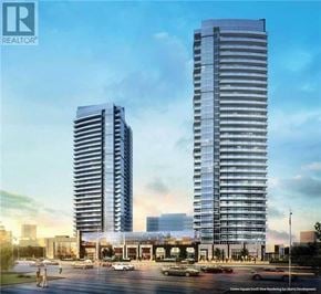Vaughan (Vaughan Corporate Centre) condo for rent - A rendering of a cityscape with two tall buildings and a parking lot in front.