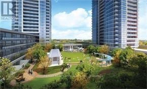 Vaughan (Vaughan Corporate Centre) condo for rent - A rendering of a real estate development with two towers, a park, and a playground.