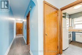 Toronto (Oakridge) multi-family for rent - A hallway with blue walls and wooden doors leading to a kitchen.