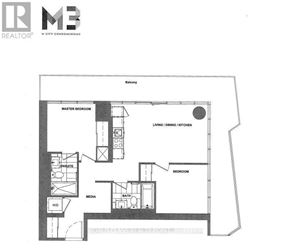 Mississauga (City Centre) condo for rent - A black and white floor plan of a condo unit with a balcony.