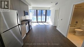 Toronto (Waterfront Communities) condo for rent - A modern kitchen with a refrigerator, microwave, and oven.