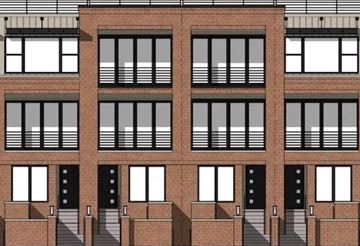 Wheatridge apartment for rent - A building with a red brick facade and black doors and windows.