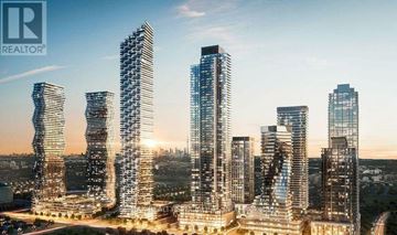 Mississauga (City Centre) condo for rent - A cityscape with skyscrapers and a realtor logo.