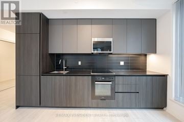 Toronto (Waterfront Communities) condo for rent - A modern kitchen with dark wood cabinets and a black countertop.