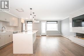 Sault Ste. Marie condo for rent - A modern kitchen with a white island and wooden floors.