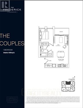 Toronto (Leaside) condo for rent - A floor plan for a 1 bedroom interior at 498 sq.ft.
