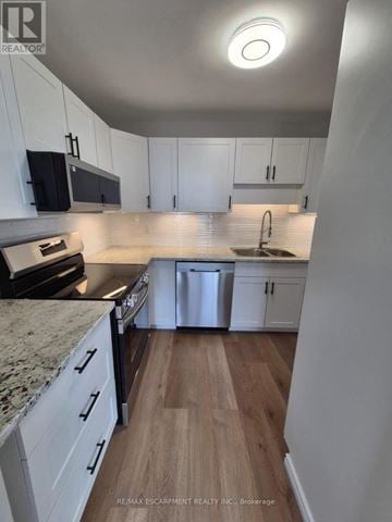 Brantford condo for rent - A kitchen with white cabinets and a granite countertop.