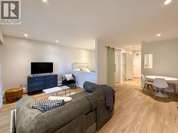 Vancouver apartment for rent - A living room with a grey couch and a television.