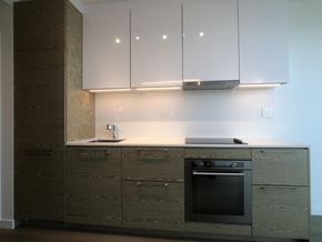 Surrey apartment for rent - A modern kitchen with a dark wood finish and white cabinets.