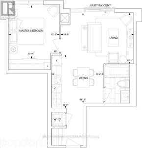 Toronto (Agincourt South-Malvern West) condo for rent - A floor plan of a residence with a master bedroom, living room, and dining area.