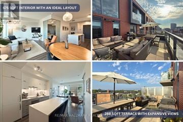 Toronto (Little Portugal) condo for rent - A real estate listing showcases a 750 square foot interior with an ideal layout, a 288 square foot terrace with expansive views, and a kitchen with a refrigerator, sink, and stove.