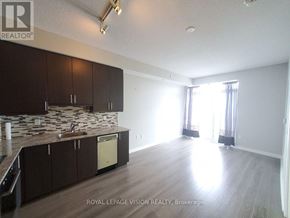 Toronto (Henry Farm) condo for rent - A kitchen with dark brown cabinets and a stone countertop.