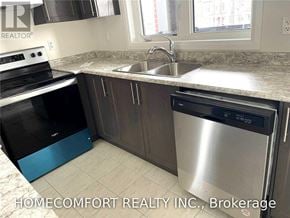 Markham (Cedar Grove) townhouse for rent - A kitchen with a stainless steel dishwasher and a blue trash bin.
