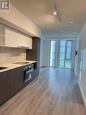 Toronto (Waterfront Communities) condo for rent - A modern kitchen with dark wood floors and white cabinets.