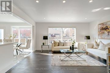 Brampton (Credit Valley) multi-family for rent - A spacious living room with a white sofa set and a coffee table in the center.