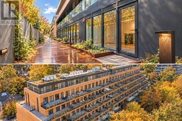 Toronto (Mount Pleasant East) townhouse for rent - A modern building with a wooden walkway and glass doors.